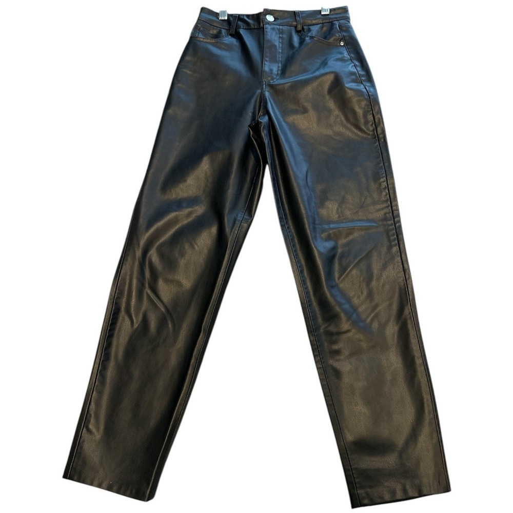 Zara Vegan Leather‎ Pants High Rise Straight Leg Black Womens 2